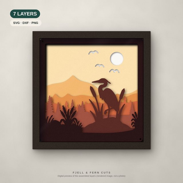 Heron Reeds layered papercut shadow box