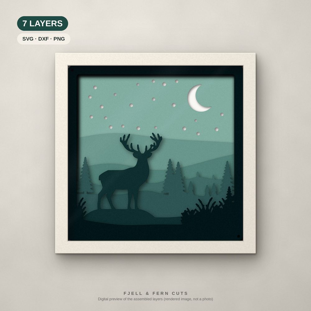Stag layered shadow box in moonlit forest colours