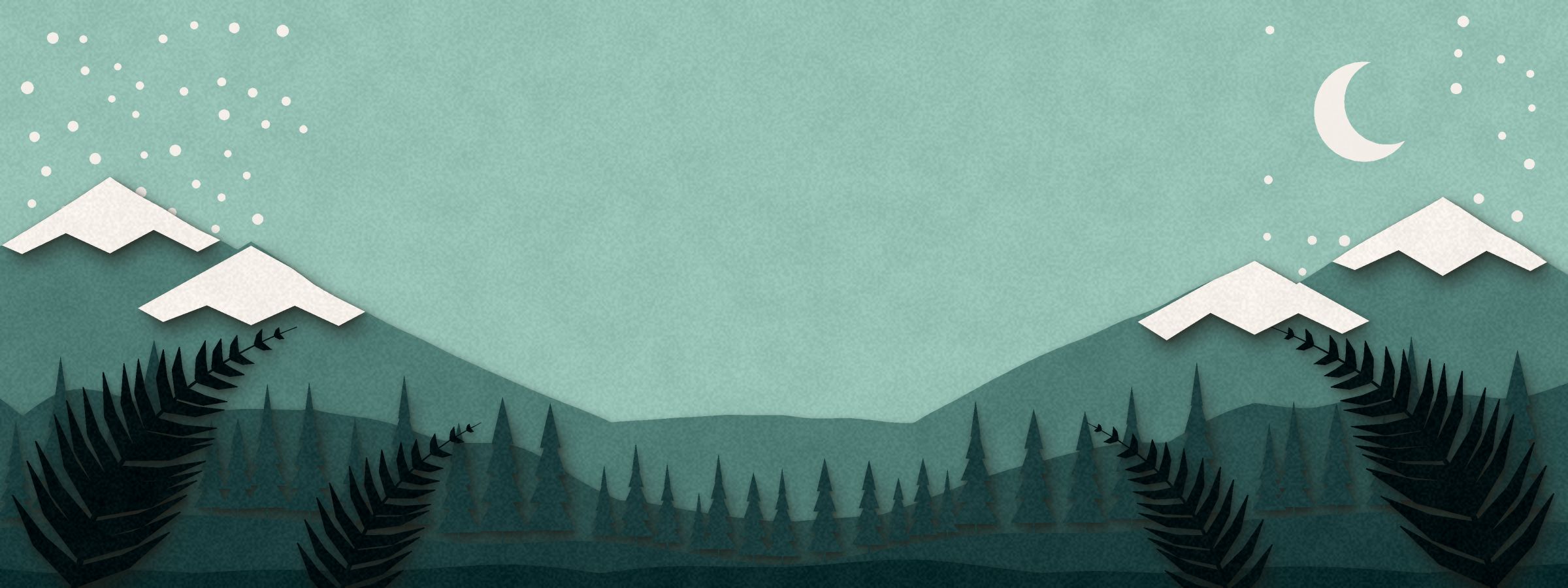 Layered paper landscape of mountains, pine forest and ferns under a crescent moon